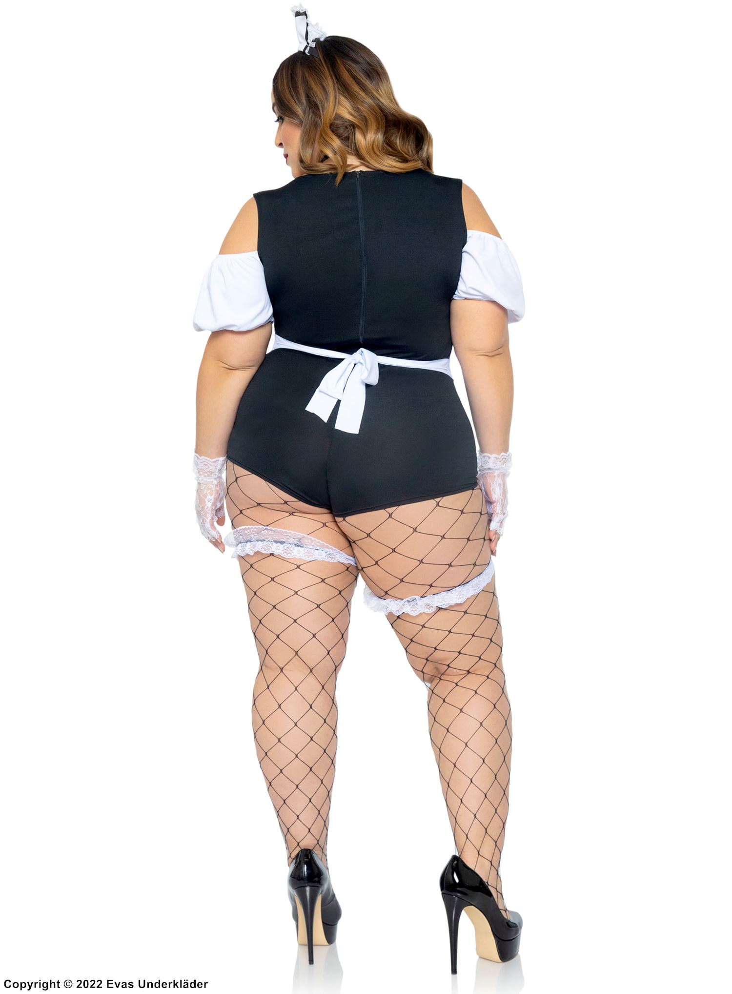 French maid, teddy costume, ruffle trim, wrinkles, cold shoulder, apron, built-in garters, plus size
